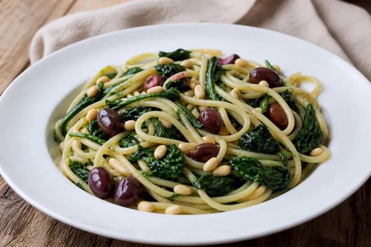Pasta con spinaci, olive e pinoli, il primo leggero che conquista subito