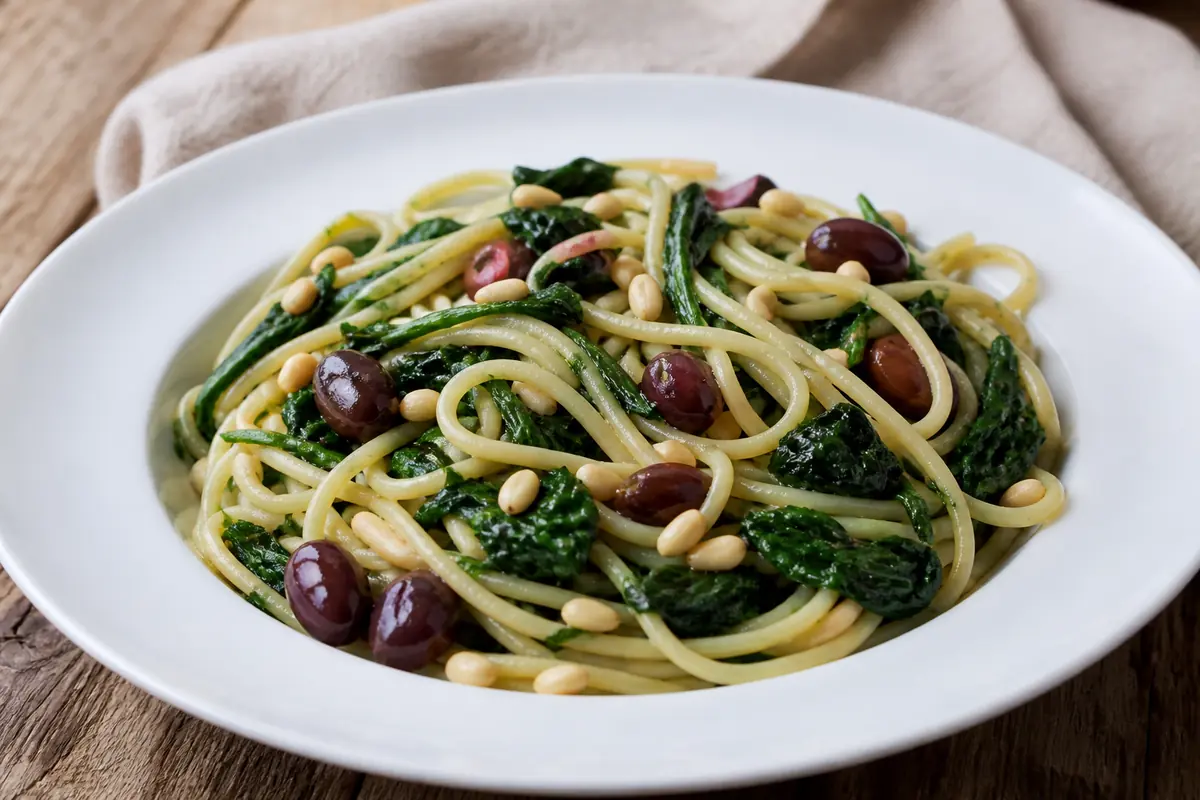 Pasta con spinaci olive e pinoli