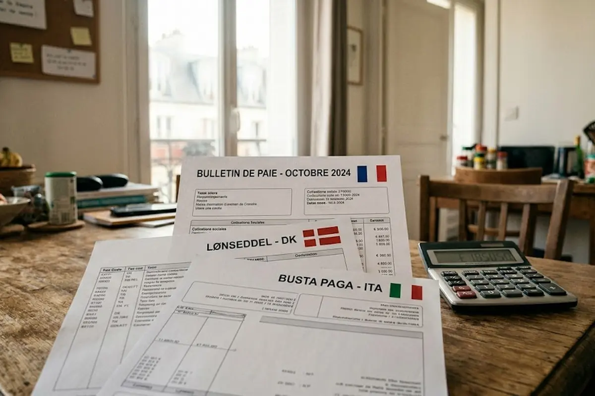 Confronto tra busta paga italiana, bollettino salariale francese e danese su un tavolo con calcolatrice, per illustrare le differenze di stipendio netto in Europa