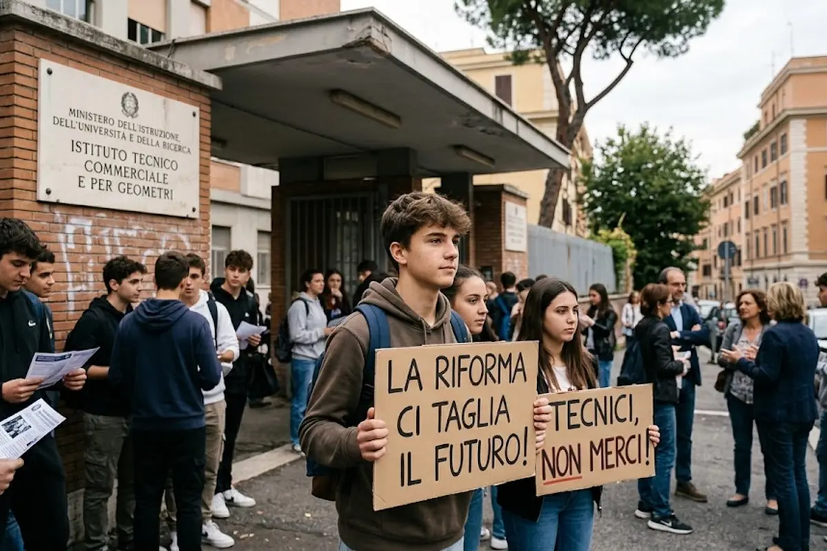 Studenti davanti a un istituto tecnico italiano durante una protesta con cartelli contro la riforma della scuola e il taglio degli anni di studio