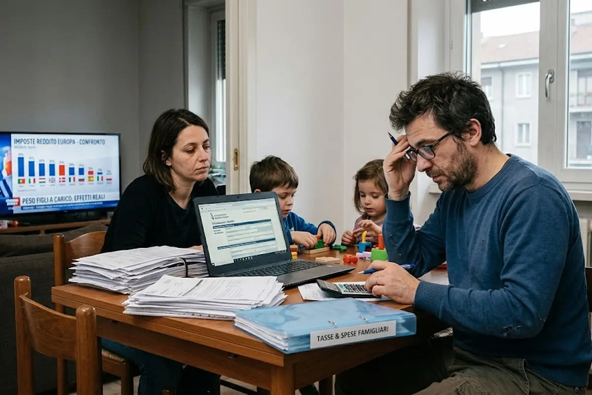 Una coppia preoccupata calcola le imposte sul reddito con figli piccoli e documenti fiscali sul tavolo